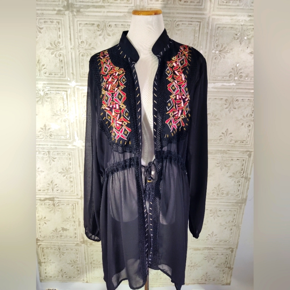 CATO Sheer Black Embroidered Kimono